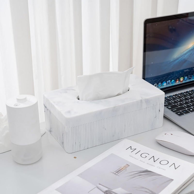 Polytree Marble Tissue Box Cover, Rectangular Napkin Facial Tissues Holder for Home Office, Hand Poured Marble Tissue Box Holder, 10 x 5.7 x 3.7 inches, White - Image 3